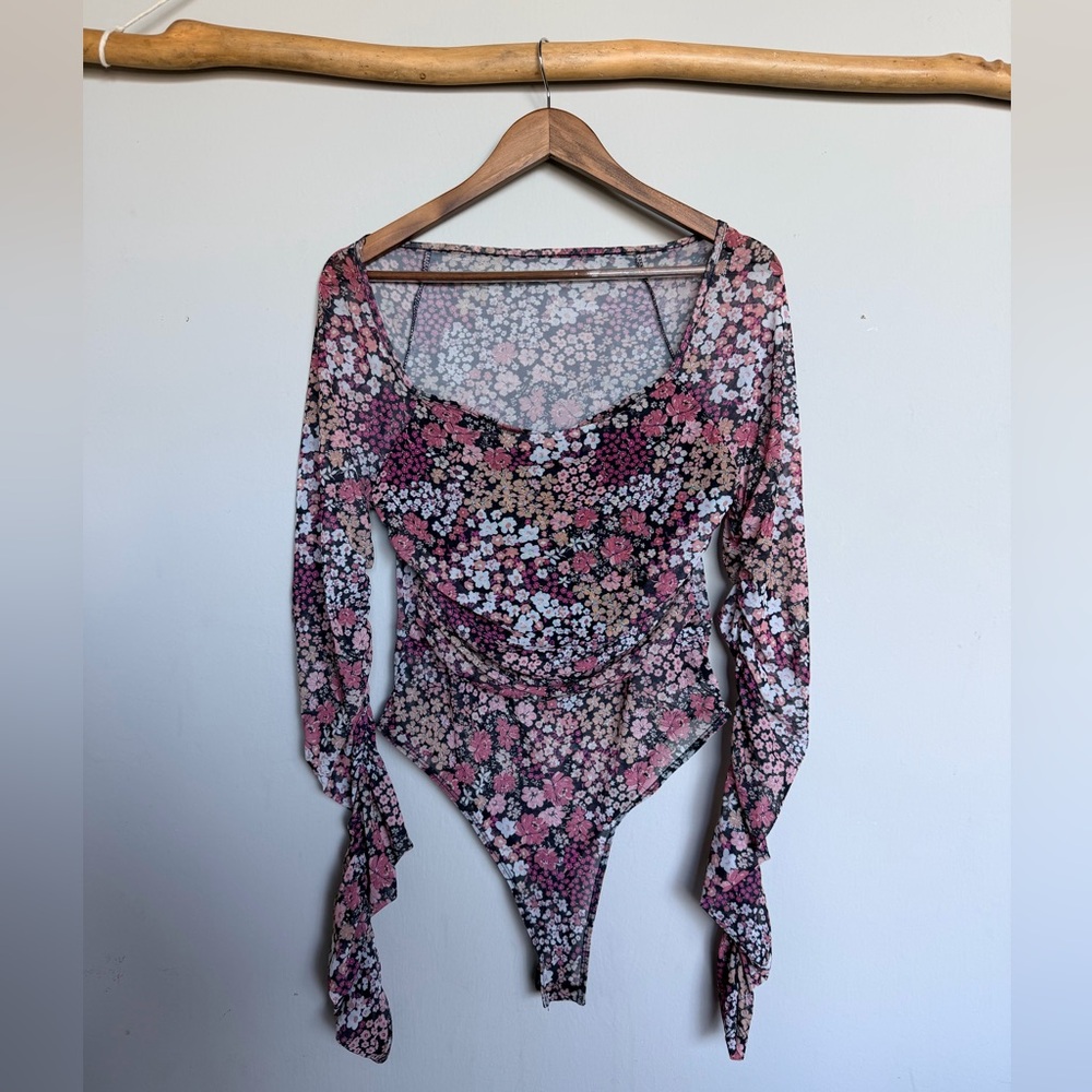 Floral Mesh Long-Sleeve Bodysuit - Pink Multi